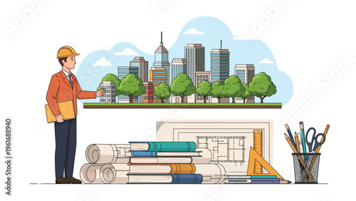Proud civil engineer or architect stands in front of a modern city skyline with detailed plans and drafting tools.