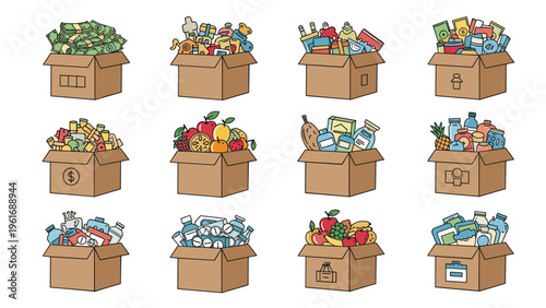 Collection of cardboard boxes contains various items ready for donation to local charity and people in great need.