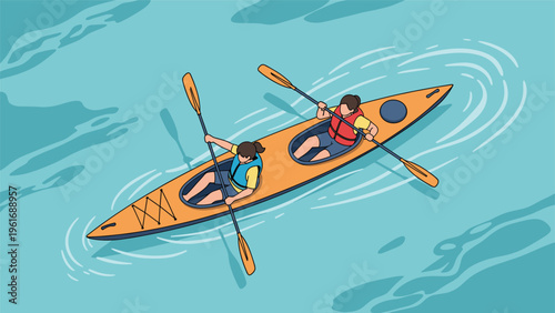 Active pair of people wearing life vests paddle a yellow tandem kayak on a calm blue water surface on a sunny day.