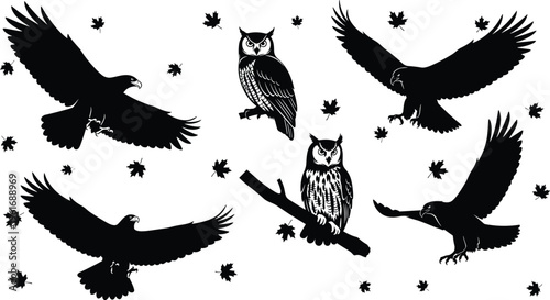 Eagle and owl silhouettes set, black vector illustration of flying raptors and perched nocturnal birds with autumn leaves isolated on white background
