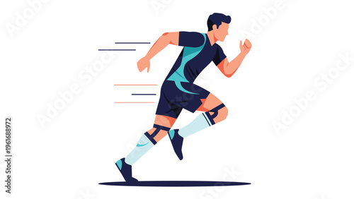 Powerful male athlete runs at full speed with motion lines representing fast pace and determination on a white space.