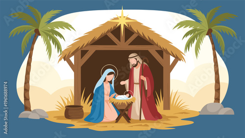 Holy family of Mary, Joseph, and baby Jesus are depicted in a humble stable for a traditional nativity scene.