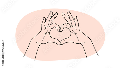 Two hands come together to create a heart shape symbol of love and care on a soft pink circular background design.