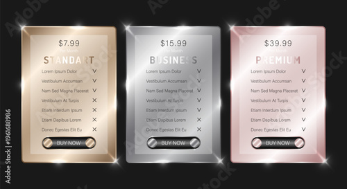 Luxury pricing table UX UI elements with gold silver and rose metallic gradient frames for web design and app interface. Set of three premium subscription plan banners. Vector illustration.