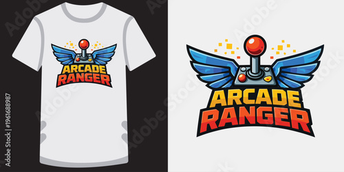Vintageinspired arcade ranger logo design featuring a joystick with colorful wings and pixel effects perfect for gaming merchandise and retro enthusiasts
