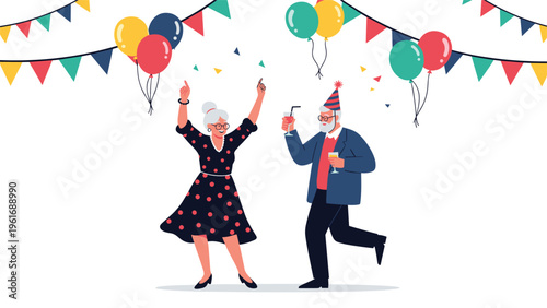 Happy senior couple celebrates a special occasion by dancing together with colorful balloons and festive party hats.