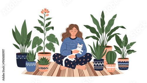 Peaceful woman sits on a rug among her indoor jungle of potted plants while cuddling her white cat in a cozy home.
