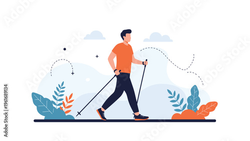 Active man enjoys an outdoor workout practicing Nordic walking with poles on a scenic park pathway with clouds.