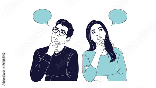 Man and woman look up thoughtfully with hands on their chins while empty speech bubbles float above their heads.
