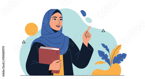 Confident young Muslim woman wearing a blue hijab and holding a book while pointing upwards in an educational and inspiring setting.