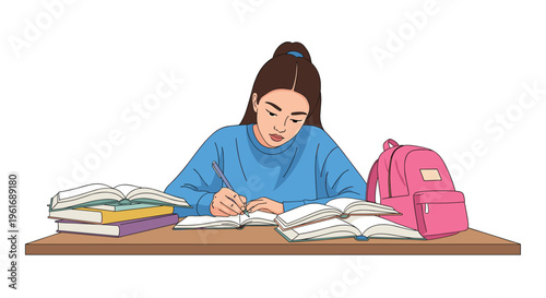 Focused teenage girl sitting at a desk and writing in her notebook while surrounded by large stacks of textbooks and her school bag.