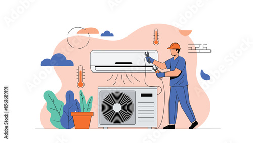 Professional HVAC technician in a blue uniform services a residential air conditioning unit outside on a sunny day.