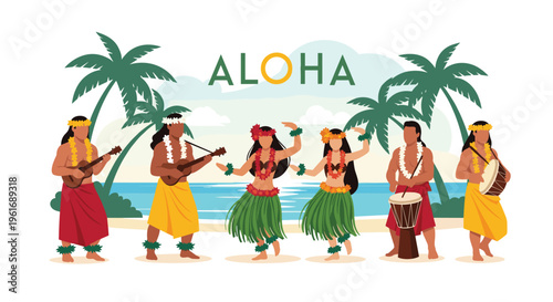 Group of Hawaiian hula dancers and musicians performing on a tropical beach with palm trees and a large Aloha greeting sign.