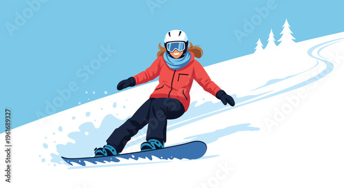 Active woman in winter gear snowboarding down a snowy mountain slope with pine trees in the background on a bright and sunny day.