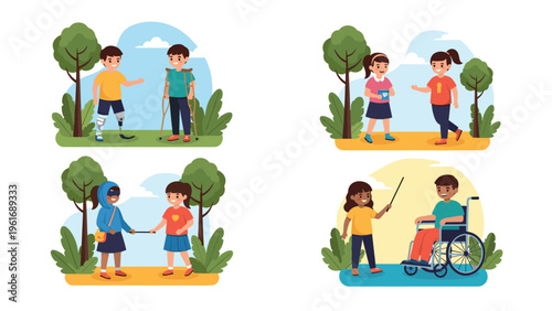 Group of diverse children with disabilities play together and support each other in an outdoor park setting.