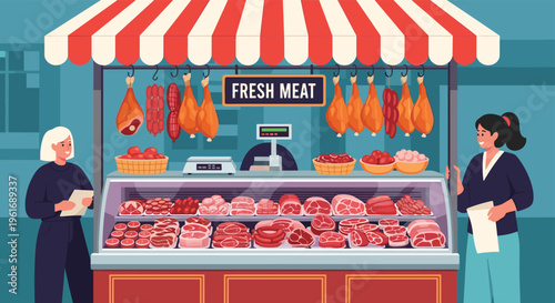 Traditional butcher shop or market stall displaying a wide variety of fresh meat products, sausages, and hams with staff attending.