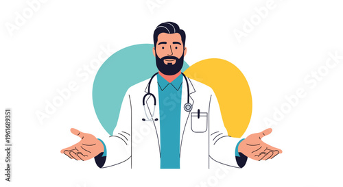Professional male doctor with a beard wearing a white coat and stethoscope, smiling warmly with welcoming and open arms.