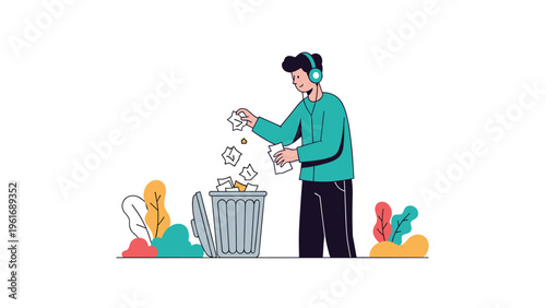 Responsible young man listens to music on headphones while sorting and throwing away paper waste in a green park.