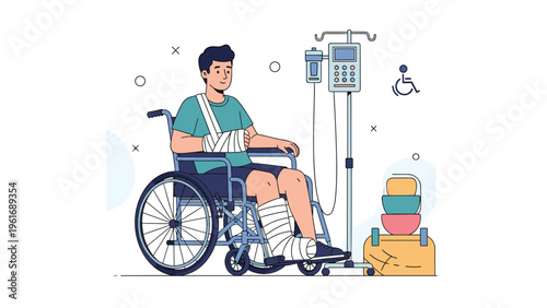 Injured young man sits in a wheelchair at the hospital with his arm and leg in plaster casts after an accident.