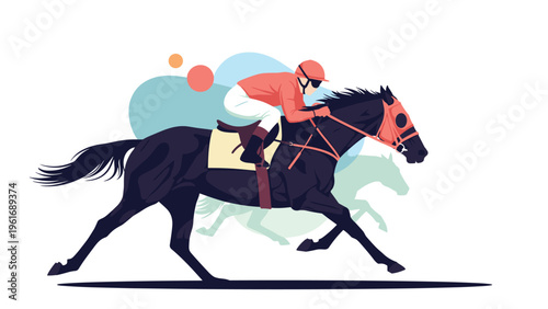 Determined jockey in red and white gear rides a powerful black horse during a high-speed professional equestrian racing event.