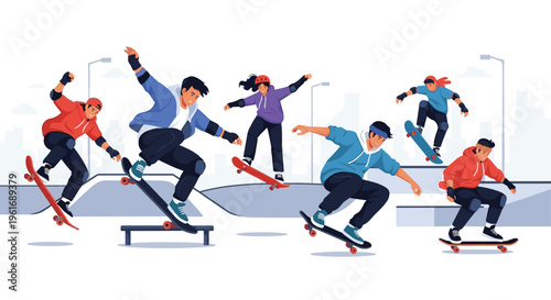 Energetic group of diverse young people performing various impressive skateboarding tricks at a modern urban skate park.