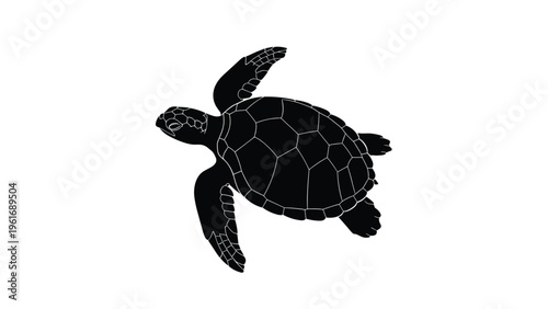 Detailed black silhouette of a sea turtle swimming gracefully through the water, shown from a top-down perspective on white.