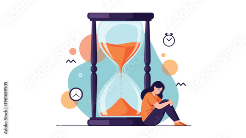 Lonely woman sits sadly next to a giant hourglass as the sand runs out representing lost time or depression.
