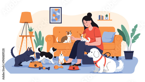 Kind woman sits comfortably on an orange sofa while surrounded by a large group of diverse dogs in a cozy and bright living room.