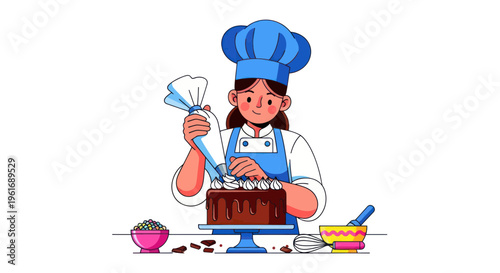 Baker Decorating Chocolate Cake with Icing Bag, Pastry Chef at Work