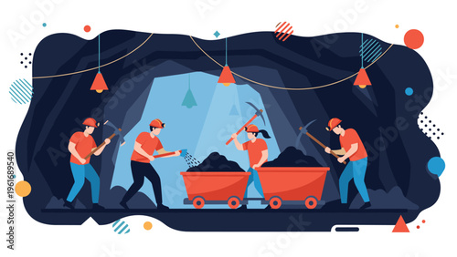 Hardworking miners wearing safety gear and hard hats use traditional tools to mine coal in a dark underground tunnel setting.