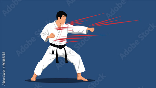 Skilled martial artist in a white karate uniform performs a powerful forward punch with intense speed and focused determination.