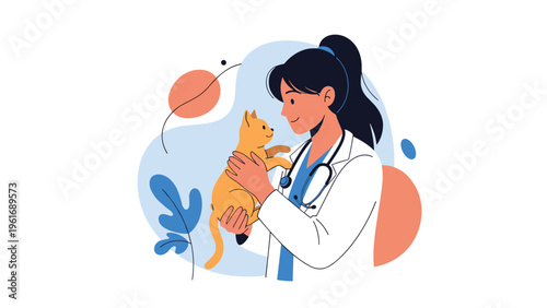 Caring female veterinarian in a white lab coat holds a small orange kitten close to her chest in a gentle and professional manner.