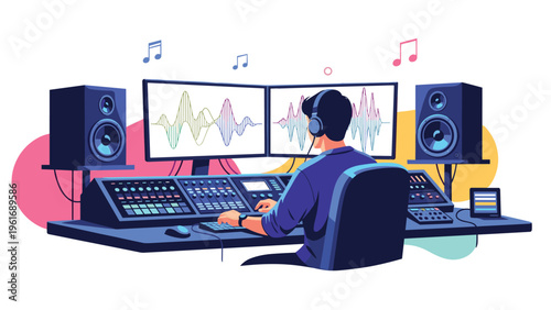 Professional sound engineer sits at a large mixing console in a studio, wearing headphones and monitoring audio waveforms.
