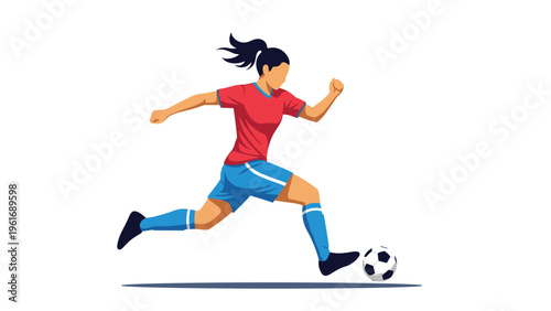 Determined female soccer player in a red jersey dribbles a ball across the field with high energy during a competitive match.