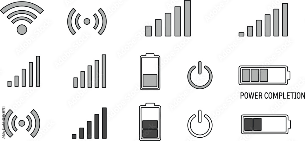 Obraz premium Connectivity and Battery Power Icons Set with Wi-Fi, Signal Strength, and Power Completion.