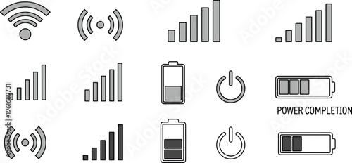 Connectivity and Battery Power Icons Set with Wi-Fi, Signal Strength, and Power Completion.