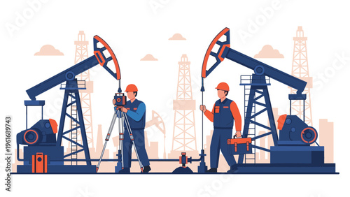 Industrial workers in orange hard hats monitor equipment at an oil field with multiple pumpjacks and drilling rigs in the back.