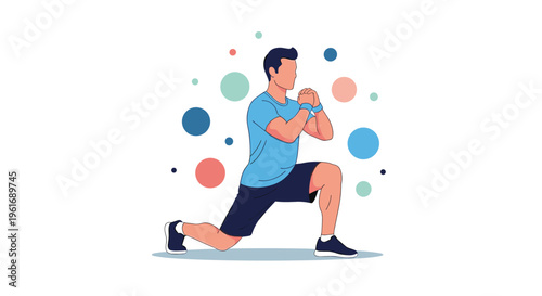 Athletic man performing lunge exercises in sportswear against a vibrant backdrop of colorful abstract and geometric shapes.