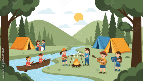 Children at a summer camp enjoy various outdoor activities like canoeing, playing guitar, and roasting food over a campfire.