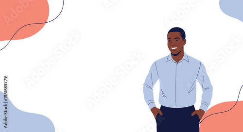 Confident young Black man wearing a light blue dress shirt and dark trousers, smiling with his hands placed in his pockets.