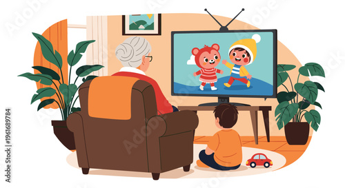 Grandmother and her young grandson sitting in comfortable chairs and watching a fun cartoon on a television screen at home.