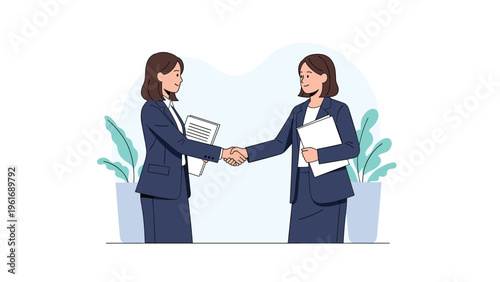 Two professional business women in dark suits shake hands and exchange documents to finalize a successful corporate agreement.