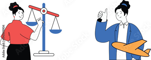 Two professionals symbolizing justice and aviation approval with positive gestures and iconic items