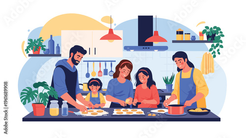 Happy family with young children working together in the kitchen to bake delicious cookies during a fun and educational weekend activity.