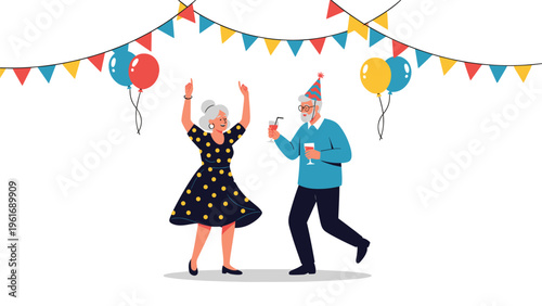 Happy elderly couple celebrating a party by dancing together under festive bunting with balloons and drinks in their hands at an event.