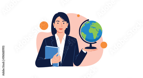 Professional female teacher or executive in a blue suit holding a book and presenting a desk globe against abstract shapes.