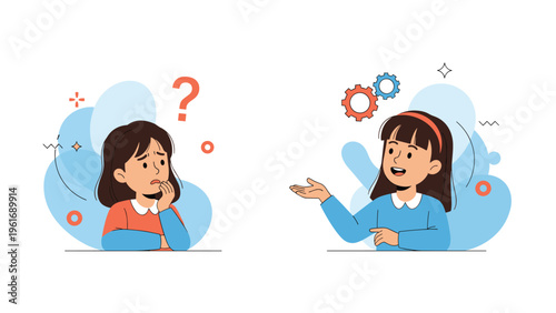 Illustration of two young girls where one looks confused with a question mark and the other explains ideas using several gear icons and signs.