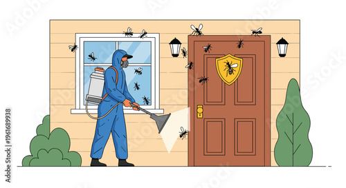 Pest control worker in a protective blue suit and mask spraying the house exterior to eliminate flying insects and pests.