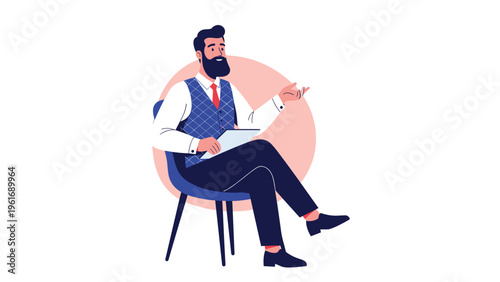 Professional therapist or consultant with a beard sitting on a chair and gesturing during a deep conversation with a client in a private office.