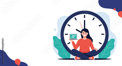 Young woman sitting cross-legged holding a laptop in front of a giant clock face representing her time management goals.